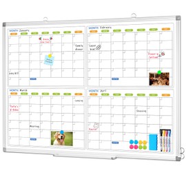 Dry Erase Calendar for Wall 4 Month, WALGLASS 36" x 24" Large Double-sided White Board Calendar, Dry Erase Monthly Planner Board, Silver Aluminum Frame Hanging Wall Mounted for Office Home School