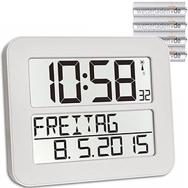 TFA Dostmann Timeline Max Radio Controlled Wall Clock Digital Day Clock with Alarm Function