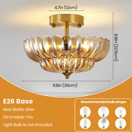 JOI0JES Gold Ceiling Light Fixture, 3-Light Bedroom Semi Flush Mount Ceiling Light Fixtures with Amber Glass Shade for Kitchen Island Living Room Hallway Entryway Foyer