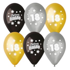 6 Balloons Assorted Colours Printed with 18 Happy Birthday 28-30 cm / 11 Inches