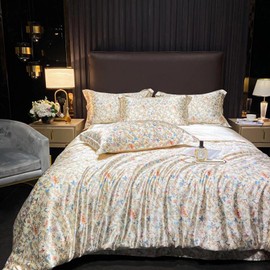 Satin Duvet Cover Set Full Size - Cooling, Smooth & Silky Soft Bedding for Hot Sleepers, Beige Floral Pattern, Includes 1 Duvet Cover 80"x90" + 2 Pillowcases + 1 Flat Sheet