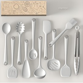 oannao Silicone Kitchen Utensils Set, 600°F Heat Resistant Silicone Cooking Utensils, Spatula, Spoon, Whisk, Tongs, Kitchen Gadgets for Nonstick Cookware, Dishwasher Safe BPA Free (Cream White)