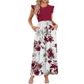 MISFAY Women's Ruffle Sleeve Maxi Dresses Casual Crewneck Long Dress with Pockets(Red Flower White,L)