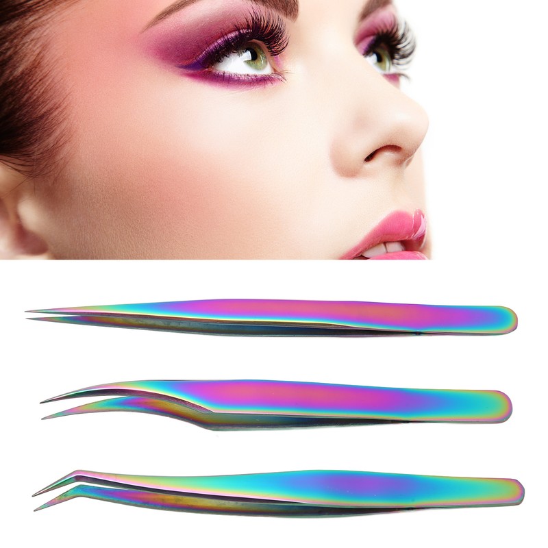 3PCS Eyelash Tweezers Stainless Steel Lash Tweezers Set False Eyelash