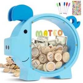 Pamctry Piggy Bank for Kids, Blue Piggy Bank for Boys, Christmas for Boys and Girls,DIY Custom Name Coin Bank with Letter Stickers for Birthdays, Christmas