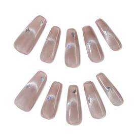 Allvounail Press on Nails 100% Handmade Cat Eye Purple Full Cover Acrylic False Nails with Design for Women Reusable Glitter Long Cooffin 10 Pcs(Butterfly,S)