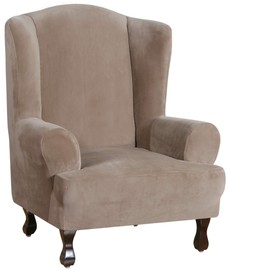 Turquoize Wing Chair Slipcover Velvet Slipcovers for Wingback Chairs Ultra Soft Velvet Sofa Covers 1-Piece Furniture Cover/Wingback Chair Cover with Elastic Bottom, Machine Washable(Wing Chair,Taupe)