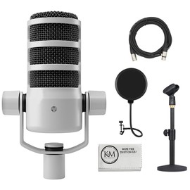 Rode PodMic Dynamic Podcasting Microphone | White Bundle with Pop Filter + Desktop Microphone Stand + XLR Cable + Cleaning Cloth (5 Item)