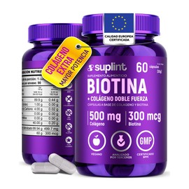 Biotina 300 mcg con Colgeno Hidrolizado 500 mg  Cpsulas Veganas para Cabello, Piel y Uas  Suplemento Natural de Apoyo Diario  Sin OGM, Sin Gluten,... 