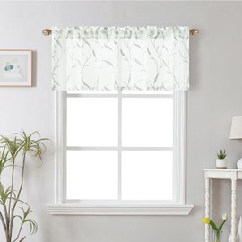 VOGOL Tassels Embroidered Farmhouse Valances, Retro Country Style Leaves Pattern Curtains Valance for Bathroom, Light Filtering Window Topper Home Decor, 52x18 Inches, 1 Pack