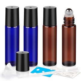 ZEJIA 10ml Roller Bottles for Essential Oils, 4 Pack Glass Roll on Bottles, Refillable Perfume Bottle, with Stainless Steel Roller Balls, 2 Droppers, 1 Opener, Labels (Amber+Blue)