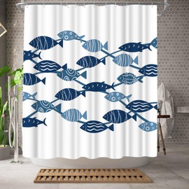 WELMECO Fish Shower Curtain Blue and White Shower Curtain Ocean Bathroom Decor Polyester Fabric, 72x72inch
