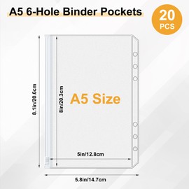 Antner 20pcs A5 Binder Pockets 6-Hole Budget Planner Inserts Cash Stuffing Envelopes for Money Organizer, White Zipper Pouch Folders Waterproof PVC Loose Leaf Filling Bags for A5 6-Ring Savings Binder