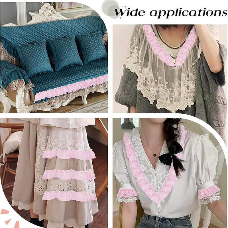GORGECRAFT 5m*50mm Double Layer Chiffon Lace Edge Trim Pink Pleated