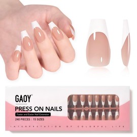 GAOY French Gel Nail Tips, 240Pcs Press on Nails Light Pink Medium Square Gel X Nail Tips, Pre-applied Tip Primer and Base Coat Cover, 15 Sizes Pre-filed Fake Nail Tips for Nail Extension - Color: Brown-Medium Coffin