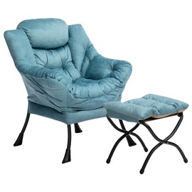 HollyHOME Fabric Lazy Chair with Foldable Ottoman, Accent Comfy Lounge Arm Chair and Folding Footrest Stool Set, Leisure Sofa Reading Chair and Footstool for Living Room, Bedroom, Dorm, Blue