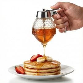 Shatterproof Honey Dispenser No Drip with Stand, Clear Syrup Dispenser for Coffee Bar, Honey Jar Container, 200ml Pourer Server for Home Kitchen, Elegant Chrome Plated Handle
