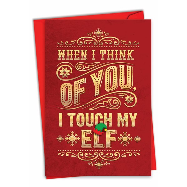NobleWorks Christmas Greeting Card with Envelope, Adult, Cartoon, Humor Holiday for Men and Women - Touch My Elf C3377XSG