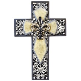 Wall Cross in Resin Fleur De Lis FDL Ornate Silver Floral Design for Spiritual Decorative Roayl Wall Art Religious Gift