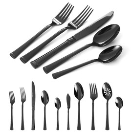 Black Silverware Set Service for 8, 18/10 Stainless Steel, 45 Piece Set, Flatware Cutlery Set with Serving Utensils, Mirror Polished