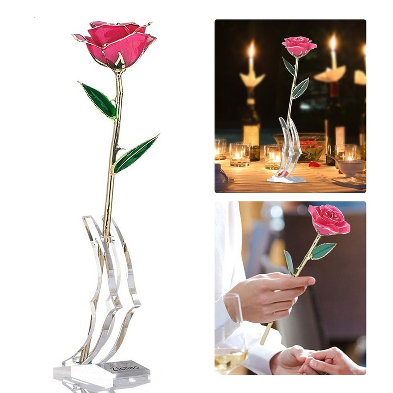 24K GoldPlated Rose Flower Pink Green Leaf for Valentine's Day