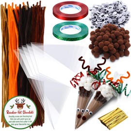 SilTriangle 100 Sets Christmas Hot Cocoa Bar Supplies DIY Claus Reindeer Cone Cellophane Bag Hot Chocolate Bar Popcorn Marshmallow Treat Cone Bags Christmas Party Favor