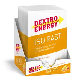 Dextro Energy Iso Fast Fruit Mix Sachets 12 x 44.5 g (Pack of 12) - Hypotones Electrolyte Sports Drink with Carbohydrates for Optimal Liquid Absorption