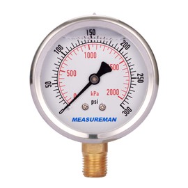 MEASUREMAN 2-1/2" Dial Size, Glycerin Filled Pressure Gauge, 0-300psi/kpa, 304 Stainless Steel Case, 1/4"NPT Lower Mount 2 Pack