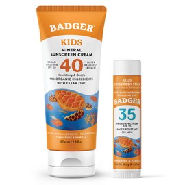 Badger Badger Kids Mineral Sunscreen Combo, SPF 40 Cream + SPF 35 Kids Face Stick, Organic Sunscreens w/Mineral Zinc Oxide, Water Resistant, Reef Safe Broad Spectrum, Tangerine & Vanilla Scent, 2-Pack
