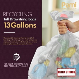 PAMI Recycling Tall 13-Gallon Kitchen Drawstring Trash Bags- Extra-Strong Plastic Garbage Bags [Clear 60 Pack]- Thick Trash Can Liners For Kitchen & Outdoor Bins- 2ft x2ft Unscented Trash Bags