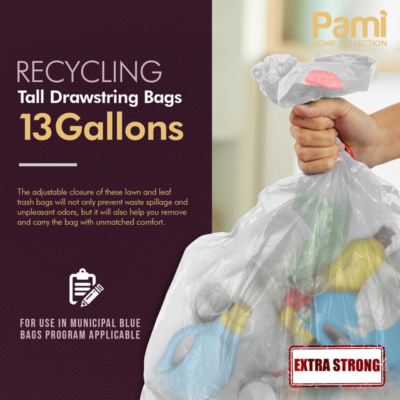 PAMI Recycling Tall 13-Gallon Kitchen Drawstring Trash Bags- Extra-Strong Plastic