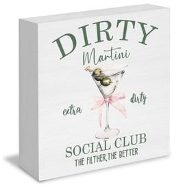 RUNMESS Dirty Martini Social Club Wooden Box Signs, Martini Decorations, Gifts for Martini Lovers, Bar Signs for Home Bar Decor, Bar Wooden Signs for Home Bar Desk Shelf Table Decor, 5x5 Inch