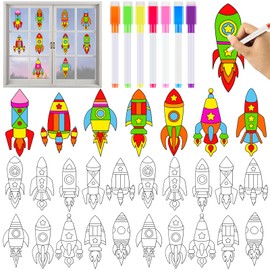 30Pcs Color Your Own Rocket Suncatcher Kits Space Astronaut Themed Painting Window Clings DIY Glass & Mirror Arts & Crafts Kit with Washable Markers Party Home Classroom decor Birthday Gift for Kids