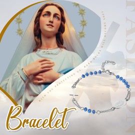 Oidea Virgin Mary Cross Rosary Bracelet: Silver Catholic Beaded Bracelets for Women Virgin of Guadalupe Adjustable Link Chain Bracelet Confirmation Jewelry Gifts, Blue Beads