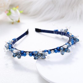 Sinalty Blue Rhinestones Headbands Thin Non-Slip Crystal Hair Bands Sparkle Beaded Hair Hoop Embellished Hair Accessories for Women