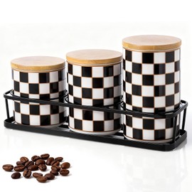 Small Checkered Kitchen Canister Set of 3 with Black Metal Stand,17/19/27oz