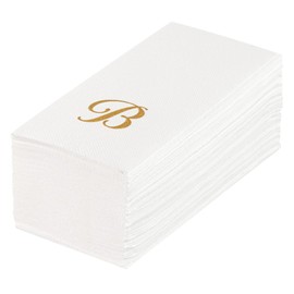 Luxenap 15.8 X 7.9 Inch Linen-Feel Guest Towels, 50 Lettered Hand Towels - Gold Letter 'B', Cursive Font, White Paper Dinner Napkins, airlaid, For Restrooms And Tables - Restaurantware