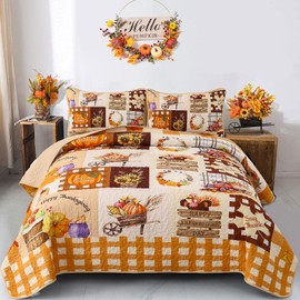 Menghomeus Happy Thanksgiving Quilt Set Queen Fall Harvest Bedspread Patchwork Bed Quilt Set Soft Microfiber Farmhouse Bed Sets for All Season