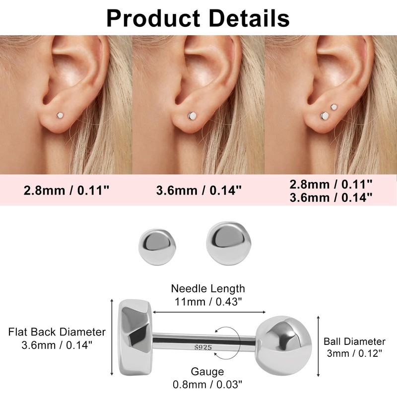Meissa Ball Screw Back Earrings 925 Sterling Silver Studs Safety