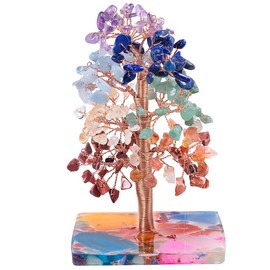 Nupuyai 7 Chakra Crystal Tree with Agate Slices Base, Gemstone Tree, Tree of Life, Money Tree, Lucky Tree for Table, Office, Feng Shui Decoration