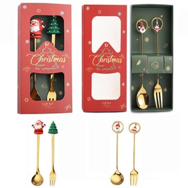 zhongguoqiaomao Set of 4 Christmas Coffee Spoons and Forks Set, Stainless Steel Mixing Spoon, Dessert Spoon, Teaspoon, Table Fork, Christmas Cutlery Set for Tea Soup, Gift Box Packaging