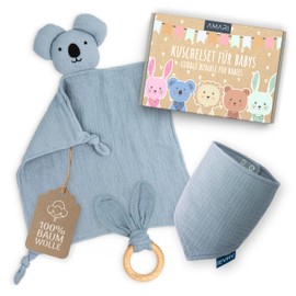 Amari ® Comforter (Blue Koala) with Teething Ring and Bib, Birth for Boys and Girls - Baby Gift Newborn - Baby Gift Set for Baby Shower