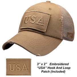 Antourage American Flag Unconstructed Hat for Men and Women Twill Mesh Snapback Baseball USA Flag Cap + 2 Patriotic Patches ((10) Khaki Distressed Mesh Snapback)