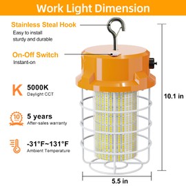 80W LED Temporary Work Light 12000Lm 5000K Construction Lights Led Work Light IP67 Dust Waterproof Portable Lights with Stainless Steel Guard Hook for Mine Wharf Job Site Garage Factory Lighting
