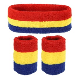 PATIKIL Sports Wristband and Headband Set 7x8cm Cotton Terry Cotton Sweat Band and 18x6cm Headband for Tennis Basketball Running Red Yellow Blue (1 Headband, 2 Wristbands)