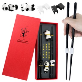 Zouboto Chinese Chopsticks Set, 2 Pairs Bamboo Shape Chopsticks with 2 Panda Stick Holders and 2 Pieces Chopsticks Helper Non-Slip Chopsticks for Eating Reusable Chopsticks Dishwasher Safe