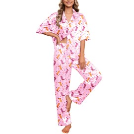 Ekouaer Silk Satin Pajamas Set Women Short Sleeve Pj Sets Button Down Sleepwear 2 Piece Soft Loungewear,Pink Cowgirl,S