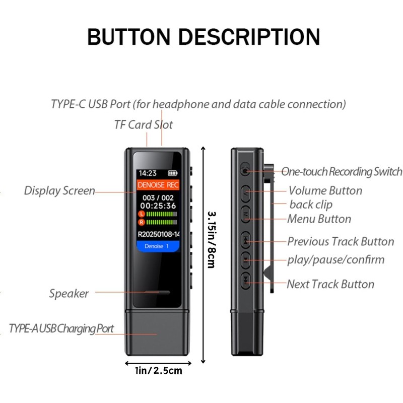 Digital Voice Recorder 64GB USB Voice Control Recorder Small Portable