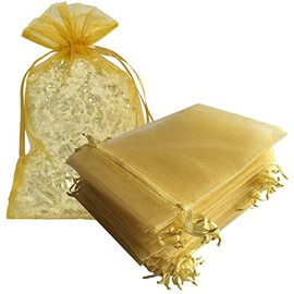 Hwceo Bolsas de regalo de organza, 50 unidades, cordón de 5 x 7 pulgadas, color dorado para baby shower, cumpleaños de niñas, recuerdos de fiesta, boda, despedida de soltera, día de la madre, bolsa de malla transparente a granel para joyas, dulces