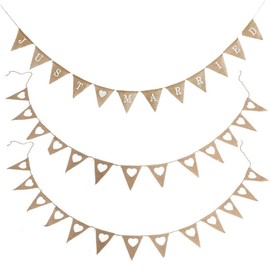 BigTree JUST Married Hessian Bunting Banner + White Love Heart Rustic Burlap Banner Romantic Fabric Flags for Wedding Party Decoration Hanging Garlands Bridal Shower Engagement (Set 3)